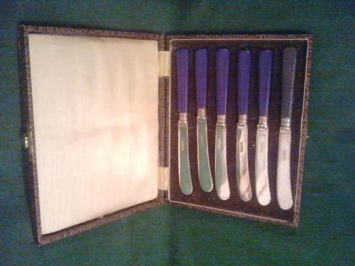 Boxed Set Vintage purple handled butter knives 5+1 odd.jpeg